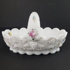 Westmoreland Milk Glass Basket Roses and Blue Vine Grapes Candy Dish Vintage